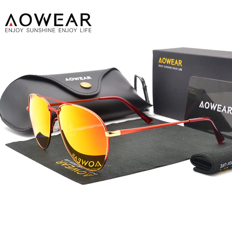 AOWEAR брендовые дизайнерские авиационные солнцезащитные очки, мужские поляризованные зеркальные очки для вождения, очки пилота, солнцезащитные очки для женщин, HD авиационные очки Gafas - Цвет линз: C1 Red Orange Lens