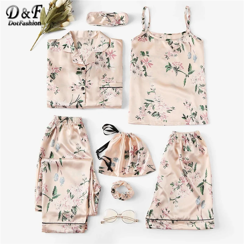 Dotfashion абрикосовый 7 шт. цветочный принт атласный Cami PJ набор с рубашкой пижамы для женщин Весенняя элегантная Домашняя одежда с длинным рукавом