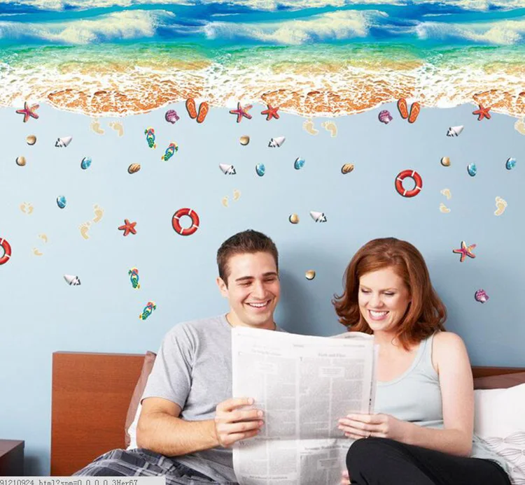 Новые объемные большие настенные 3d наклейки с изображением синего пляжа и