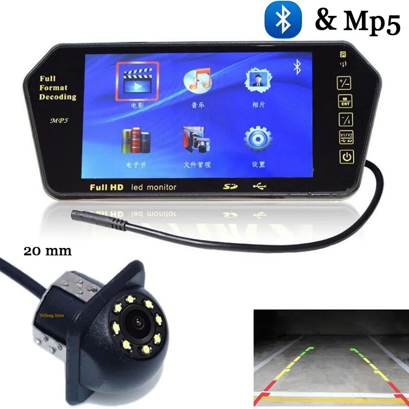 Зеркало заднего вида 7 дюймов 1024*600 Bluetooth MP5 камера светодиодный|reverse camera|car rearcamera auto