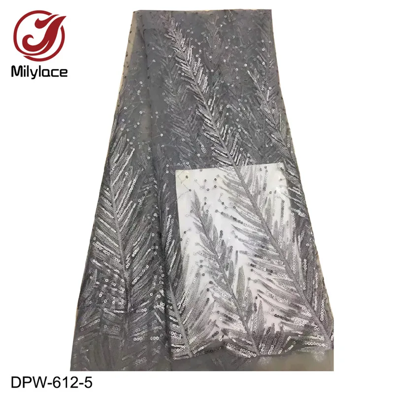 gray Milylace нигерийская Кружевная Ткань 5 ярдов блестящее расшитое блестками Сетчатое кружево с вышивкой перьев для вечерние платья DPW-612 - Цвет: gray