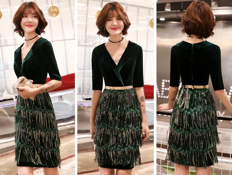 Платье с пайетками Ленточки Короткие коктейльные платья Vestido De Soiree V образным вырезом с коротким рукавом темно-зеленое вечернее платье для выпускного, коктейльной вечеринки платье TS1130