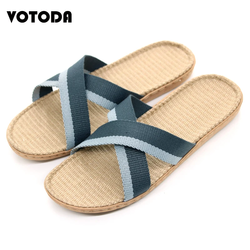 

Summer Cross Flax Slippers Men Home Linen Slipper Flat Beach Sandals Non-slip Comfortable Indoor Flip flop Man Casual Straw Shoe