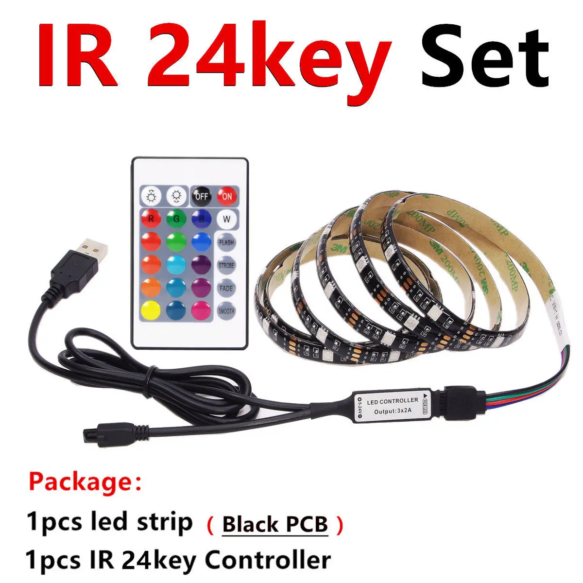 Black PCB 24key Set USB RGB Светодиодные ленты Водонепроницаемый 5V 5050 SMD RGB USB Светодиодные ленты светильник с регулируемой яркостью, лента светодиодный светильник 17key 44Key/24key Добавить Wi-Fi - Испускаемый цвет: Black PCB 24key Set