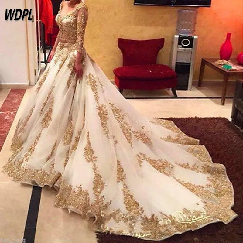 Роскошные золотые свадебные платья с v образным вырезом Sheer Shining свадебное платье