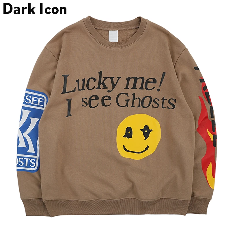 Мужской свитшот с надписью Dark Icon Lucky Me I see Ghost весна 2019 принтом пламени в стиле хип