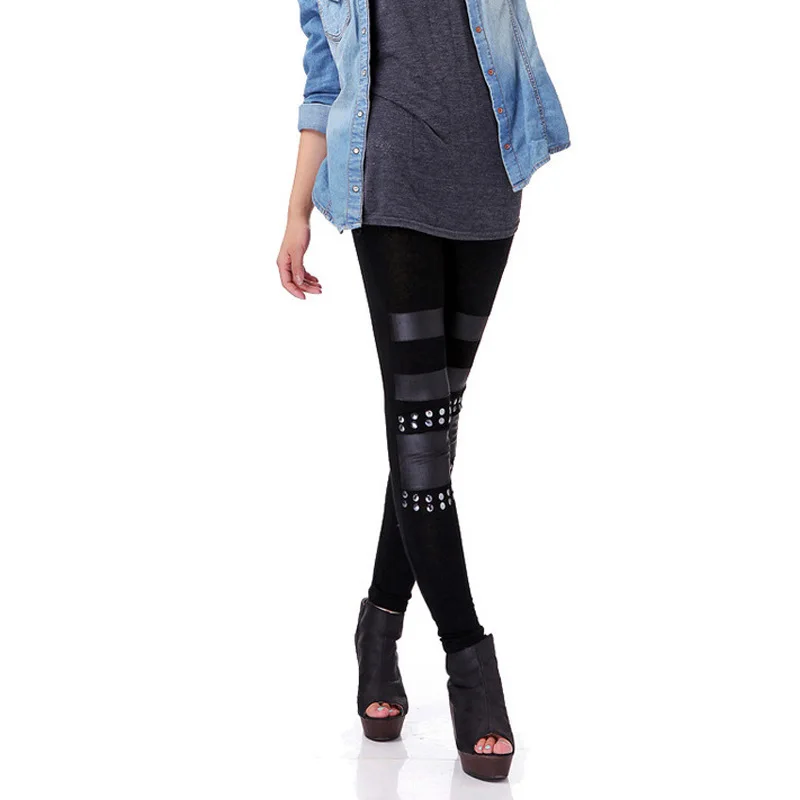 Punk fabric and fake Leather Leggings Women Sexy black patchwork Pants Stretch Gothic pant lady sexy Rivit Leggins Slim capris | Женская