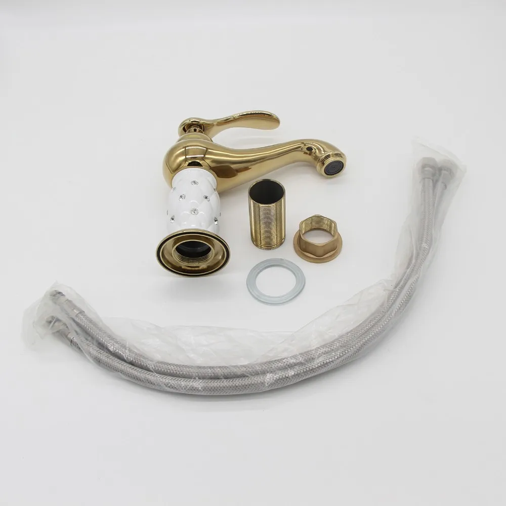 Fashion Solid Brass Golden Plated White ceramic with Diamond Basin Mixer Taps Deck Mounted Sink Faucet G1079 | Обустройство дома