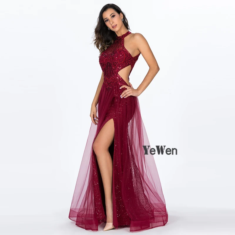 2020 Красные сексуальные кружевные вечерние платья Длинные с высоким разрезом без