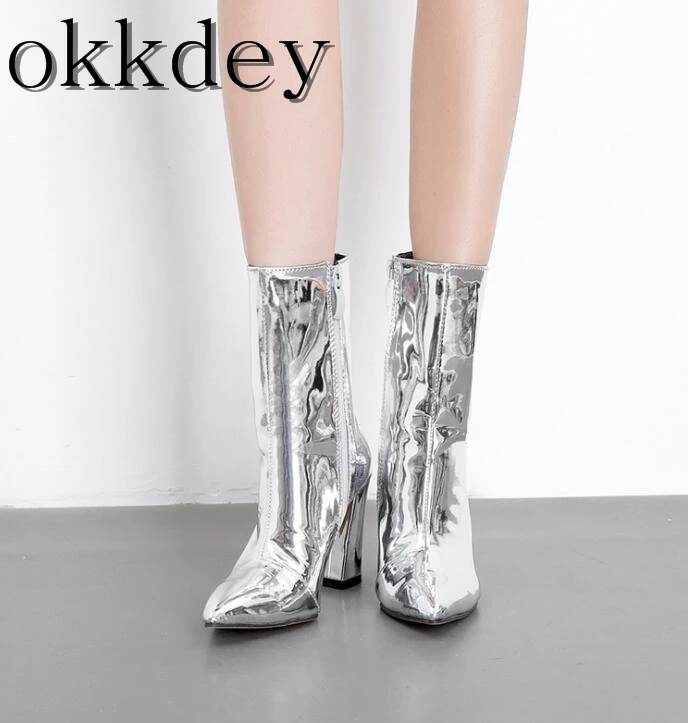 Новинка 2019 года Модные женские рыцарские сапоги из лакированной кожи с острым