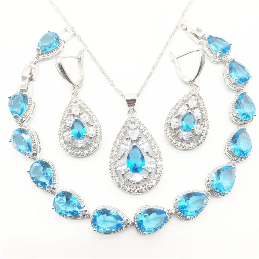 Sea-blue Zircon Costume Silver 925 Jewelry Sets Women Bracelets Earrings With Stones Pendant&ampNecklace/Rings Set Jewelery | Украшения и