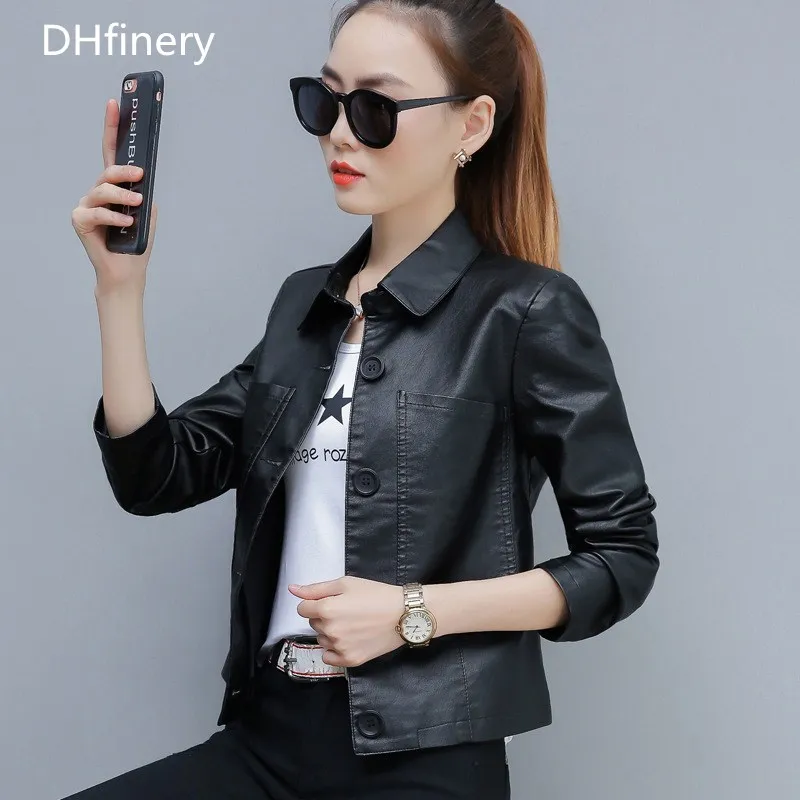 

Женская кожаная куртка DHfinery, приталенная короткая мотоциклетная куртка из искусственной кожи, черная, зеленая, карамель, TB5722, весна 2021