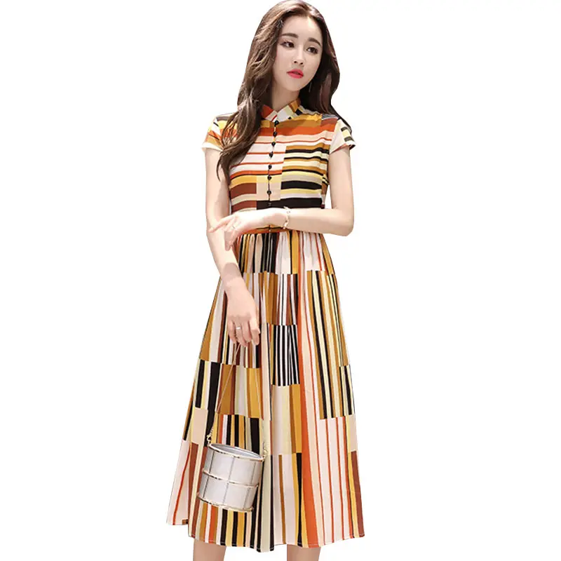 

2018 New Summer Womens Short Sleeve Dress Mid length Collar Receive Tight Waist Fashion Striped Dresses Thin Female Vestidos 601
