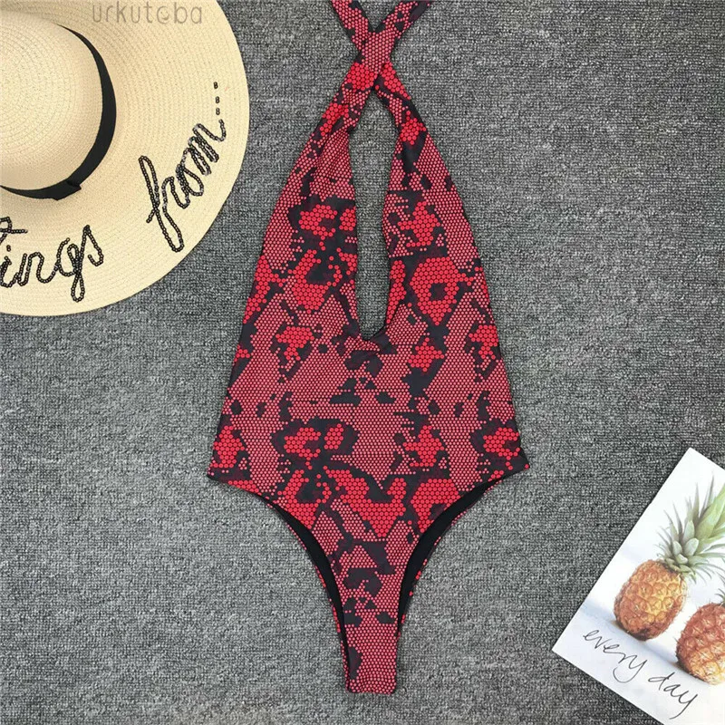 Sexy Deep V Snake Print Swimwear Women Push Up Padded One-Piece Suits Monokini Beach Triangle Thong String Swimsuit Bathing | Спорт и