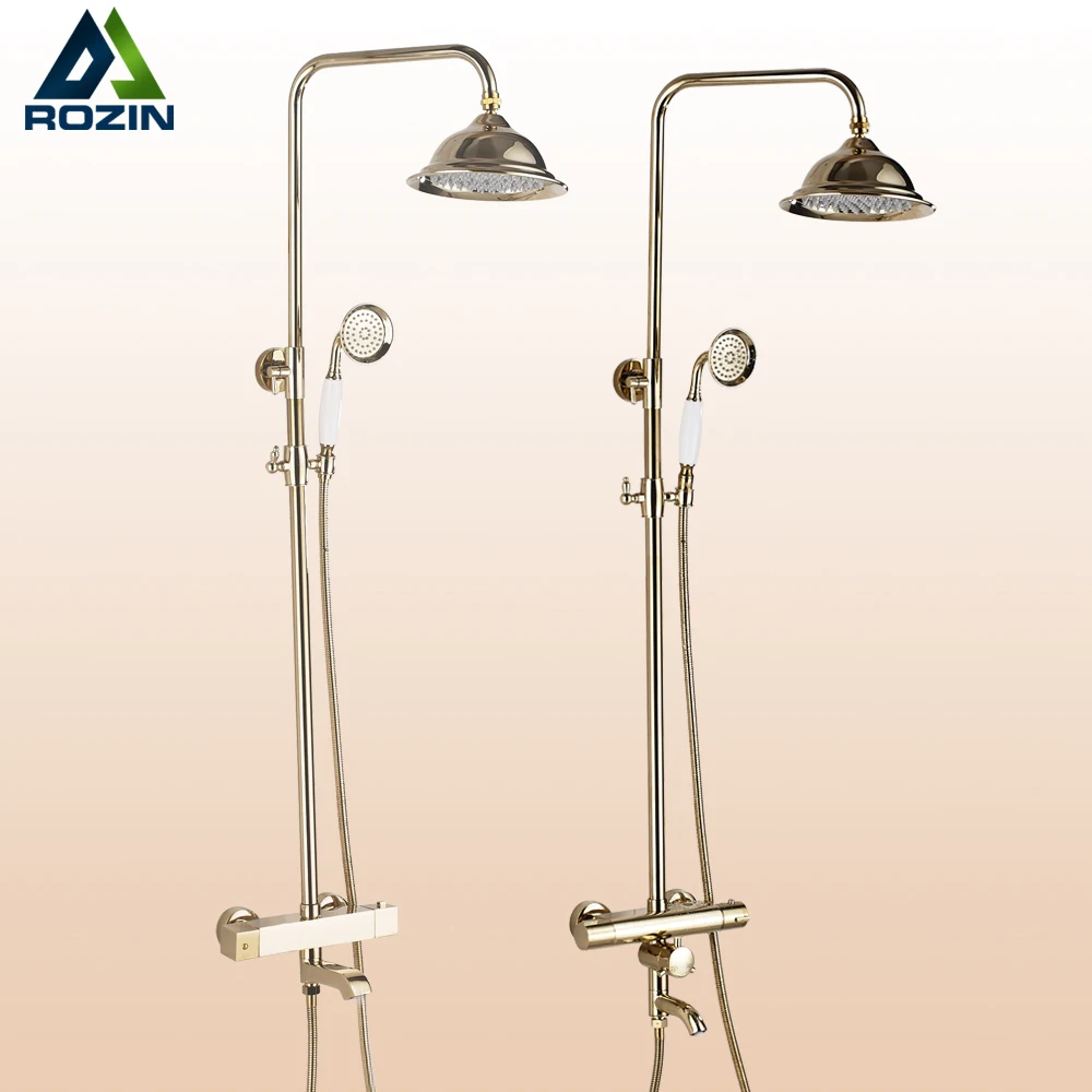 Золотой двойной ручкой для ванной Душевой набор с термостатический смеситель