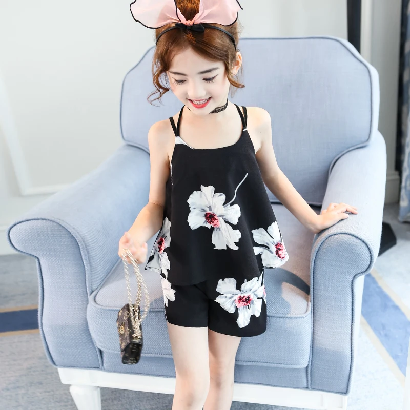 Летние Повседневные детские комплекты жилет с цветами синяя футболка + штаны