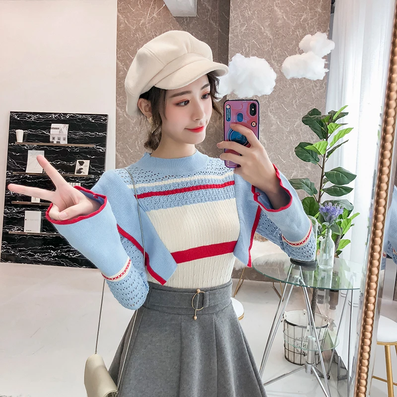 20118 Winter Long Sleeve Ruffles Sweaters Women Sweet Dresses Lady Flare Sweater Knit Tops | Женская одежда