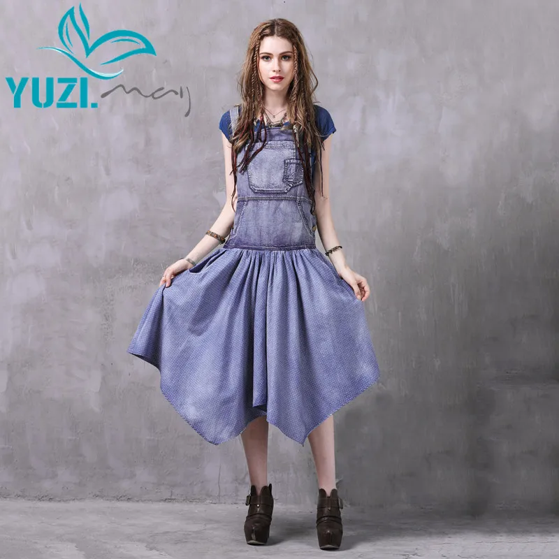 

Summer Dress 2017 Yuzi.may Boho New Denim Vestidos Suspender Asymmetrical Patchwork Pocket Button Women Dresses A82035 Vestido