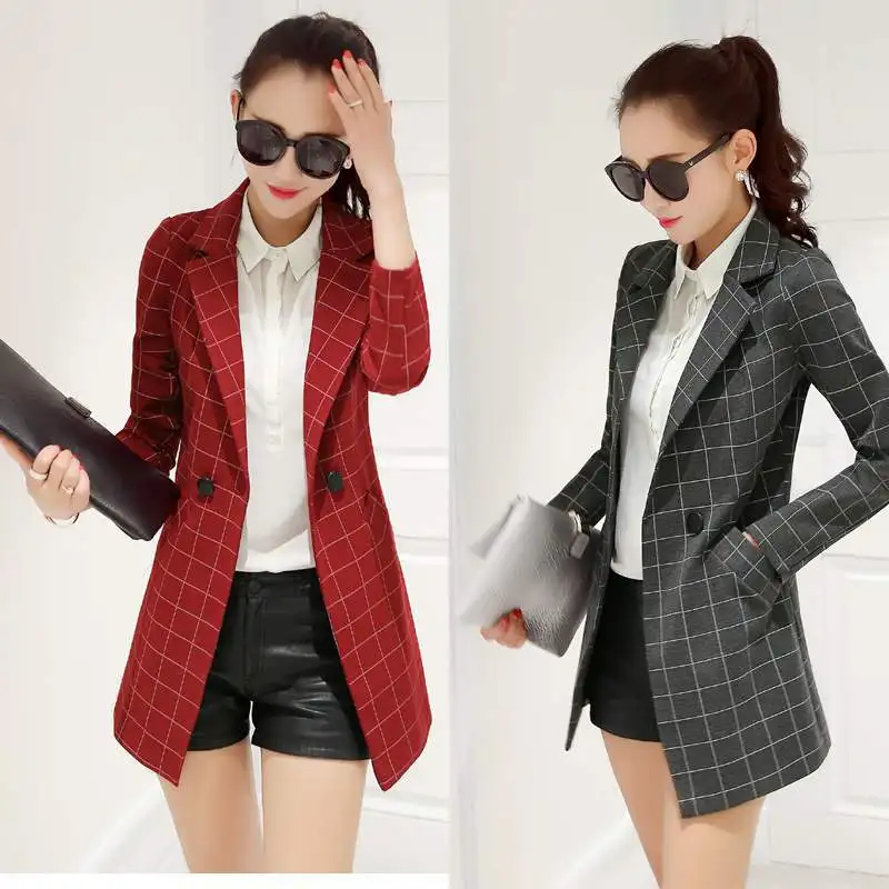 New Spring Autumn Women Blazer Plus Size Fashion Turn-Down Collar Slim Casual Plaid For Larger Out Wear Suits | Женская одежда