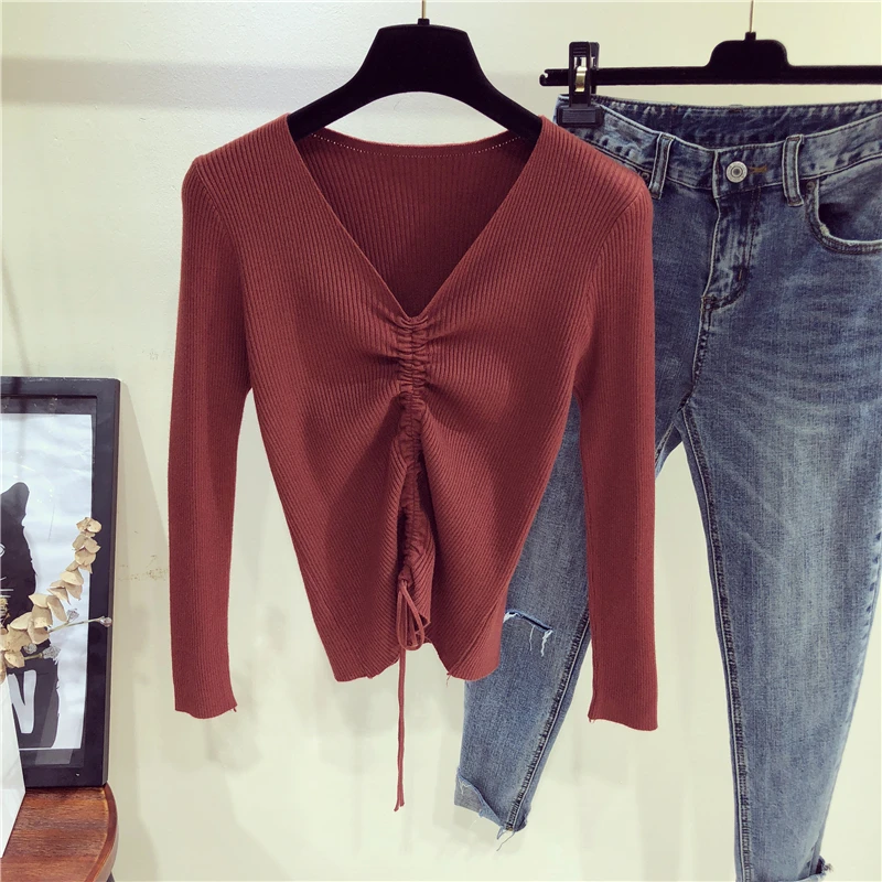 2019 Autumn Long Sleeve Bottoming Knitted Sweater Women Solid Slim Drawstring Bustier Crop Top Sexy V-Neck Streetwear Pull Femme | Женская