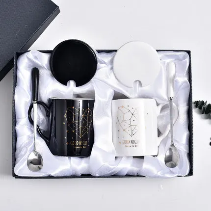 04 Style Gift Box Комплект из 2 предметов, красивая керамическая кружка, свадебная Подарочная кружка, набор для подруг, пара чашек с крышкой, ложка, домашняя чайная чашка - Цвет: 04 Style Gift Box