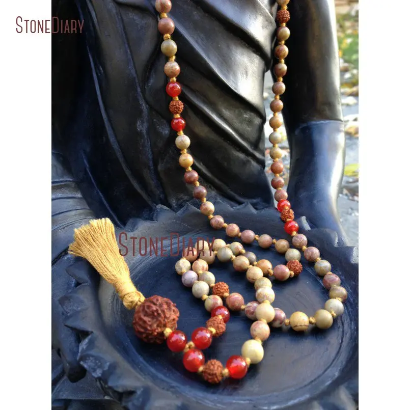 

Rainbow Jaspers Rudraksha Carnelian Mix Stone Hand Knotted 108 Beads Mala Necklace With Gold Cotton Tassel Charm NM11061