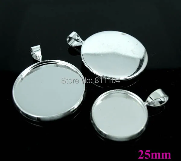 

25mm New Silver tone Plated Circle Blank Bases Cabochon Settings Round Bezel w/ a bail Pendant Blank Findings Bulk Wholesale