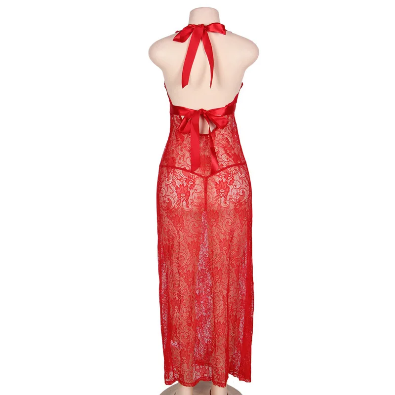 

Red Transparent Jacquard Women's Underwear Costumes Sexy Erotic Lingerie Sexy Hot Erotic Gown Long Night Dress