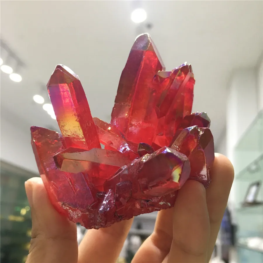 Хит! Красивая Гальваническая красная аура кварцевый кристалл кластер с радужным