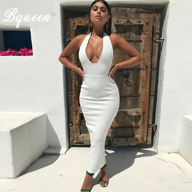 Женское вечернее Бандажное платье Bqueen белое с глубоким V образным вырезом и