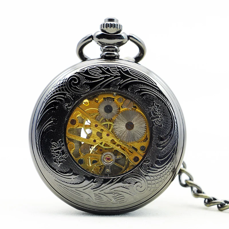 Black Roman Numerals Mechanical Quartz Pocket Watch Vintage Steampunk Hollow Manual Fob Chain Watch Best Gift for Men and Women