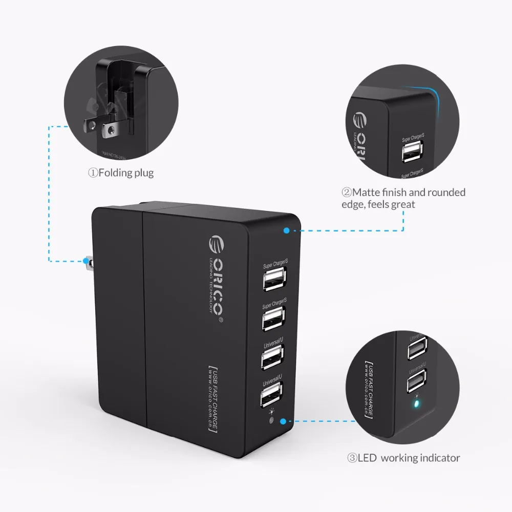 ORICO 4 порта USB зарядное устройство США вилка для путешествий настенное зарядное устройство адаптер 5V2. 4A 5V1. 5A 12 Вт портативный ABS+ PC смарт-зарядное устройство для мобильного телефона