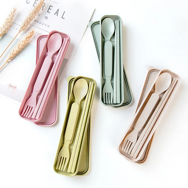 

3Pcs/Set Baby Dinnerware Outdoor Portable Fork Spoon Chopsticks Children Tableware Environmental Wheat Straw Cutlery Set MBG0350