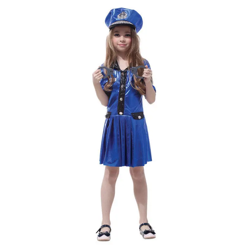 Girls Police Chief Playtime Cop Career Polyester Cosplay Fancy Blue Dress And Hat Halloween Costume For Children Gift Tower |