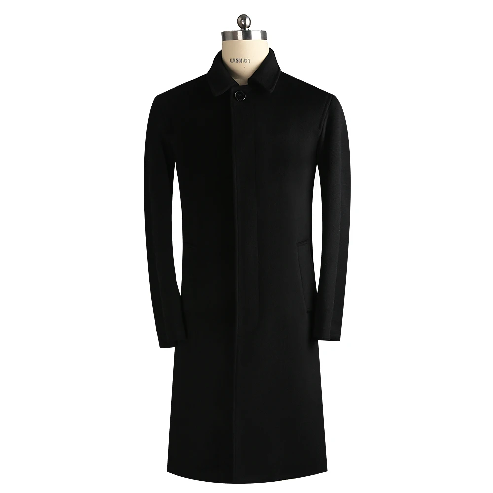 

URSMART Authentic long wool coat men's single row button business casual black men's coat trim coat
