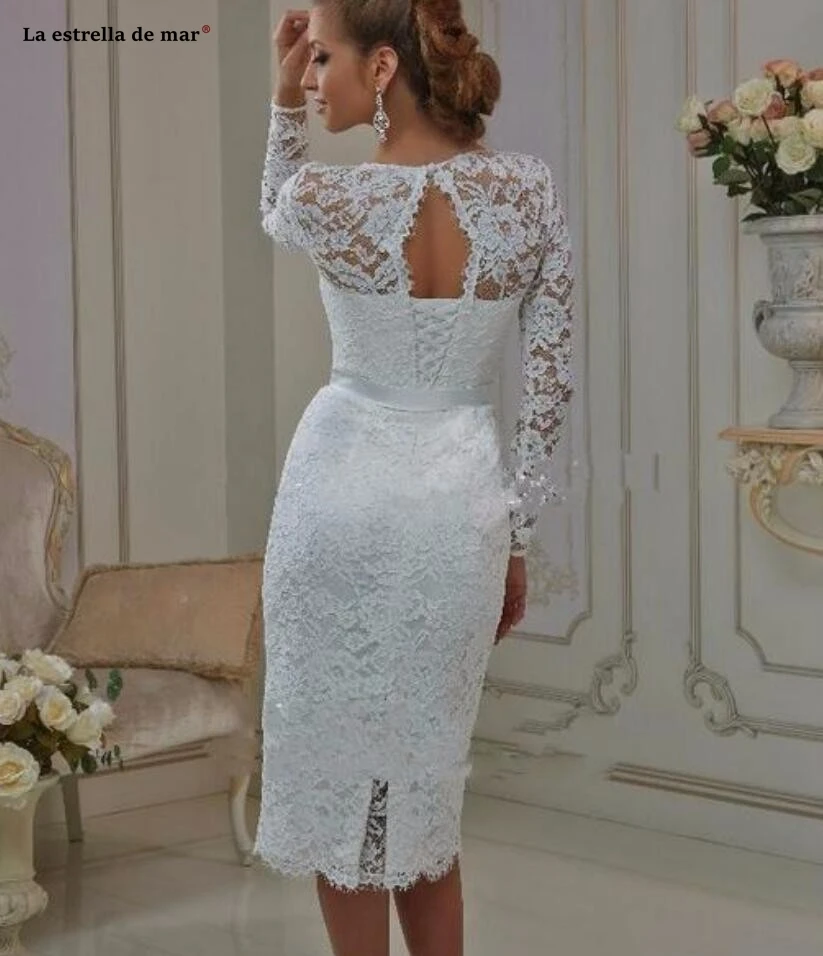 

Vestido de noiva curto new O-Neck lace long sleeves back slit white retro sexy mermaid wedding gowns Tea-Length bridal dresses