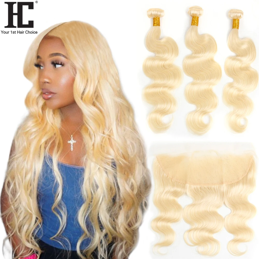 

613 Blonde Bundles With Frontal Brazilian Human Hair Weave Body Wave Blonde 3 Bundles With 13x4 Lace Frontal Closure Remy Hair