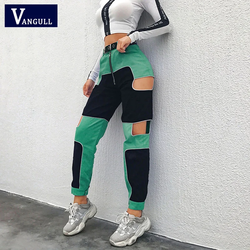 Vangull Harajuku Hip Hop Cargo Pants Women Hollow Out High Waist Trousers Streetwear Patchwork Sweatpants Ladies Joggers 2019 | Женская