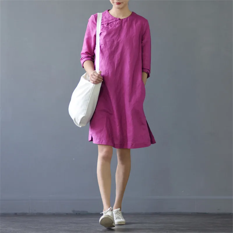 SCUWLINEN, vestidos, летнее платье, винтажное, однотонное, три четверти, ручная работа, на кнопках, платье из рами, короткое, повседневное, платье S304