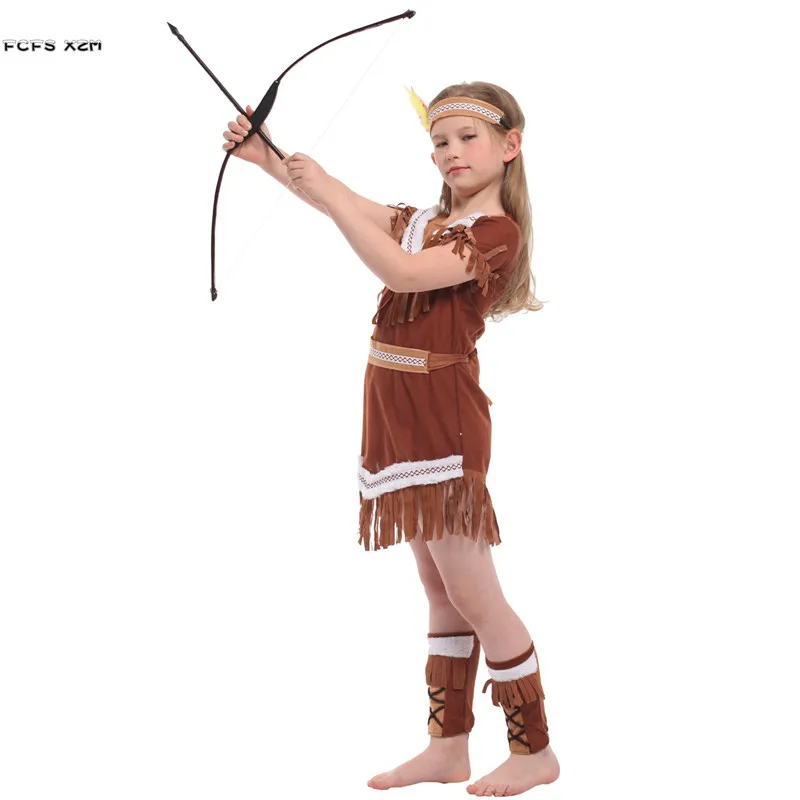M-XL Girls Primitive Indian traditional Cosplay Kids Halloween hunter costume for Children Carnival Purim Stage play party dress |