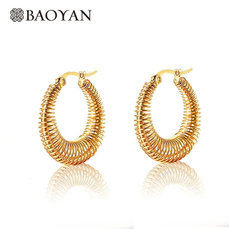 

Baoyan Wholesale Vintage Round Circle Hoop Earrings Minimalism Solid Gold Plating Stainless Steel Huggie Hoop Earrings For Women