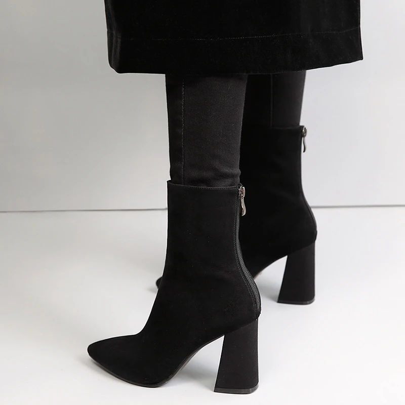 ENMAYER Woman Ankle boots Winter Causal Pointed toe Short Zipper Black Size 33 40 Kid Suede Thick High heels Shoes CR1610|Женские