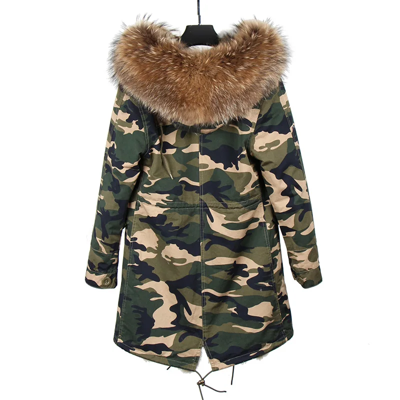 Женская парка Длинная зимняя куртка Камуфляжная с капюшоном и воротником из