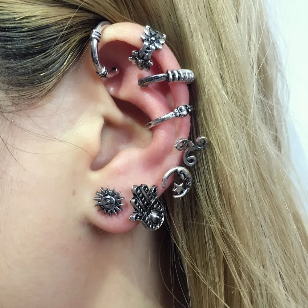 8 шт./компл. Boho Для женщин панк серьги в форме листьев Earcuff Хамса клипсы для ушей в форме без проникновения Винтаж Kolczyki металлический Boucle D'Oreille