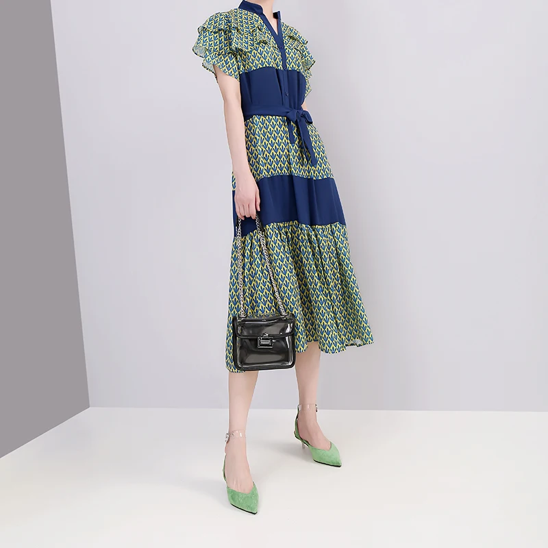 2019 женское летнее зеленое платье с принтом в Корейском стиле поясом