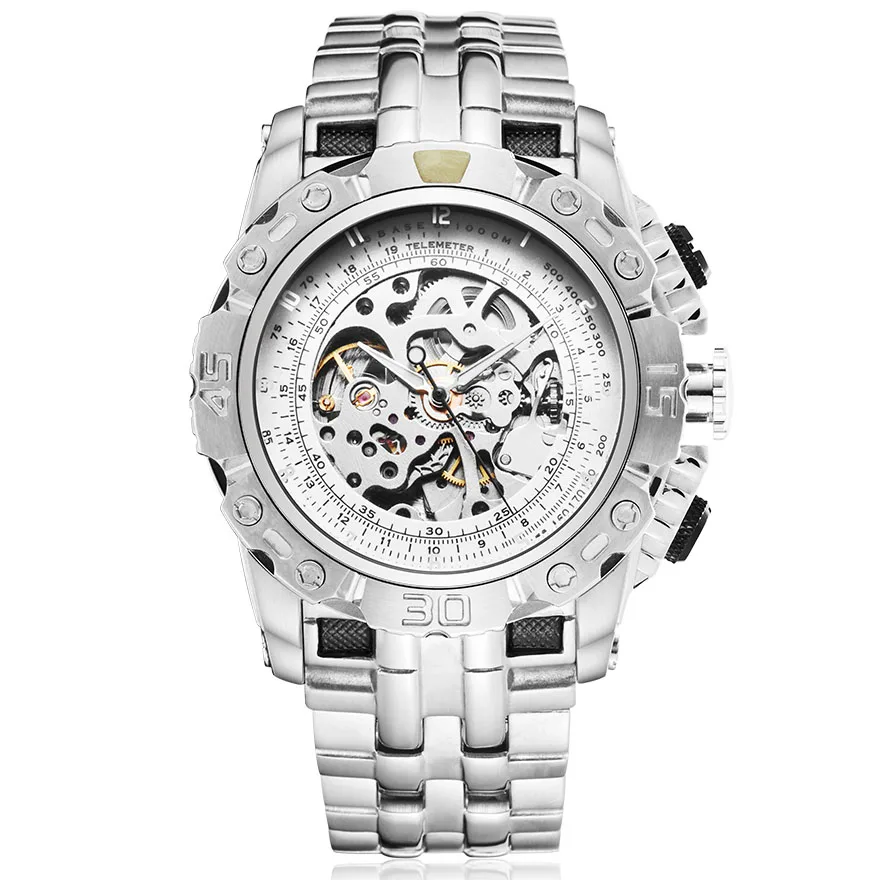 

Fashion Silver Gold Automatic Mechanical Watch for Men Full Steel Skeleton Wristwatch Clock Over-sized Big Dial relogio masculi