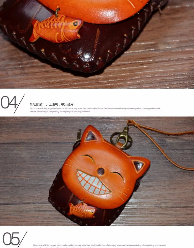 Кошелек из натуральной кожи для монет, кошелек с кошкой из мультфильма, мини кошелек ручной работы из воловьей кожи
