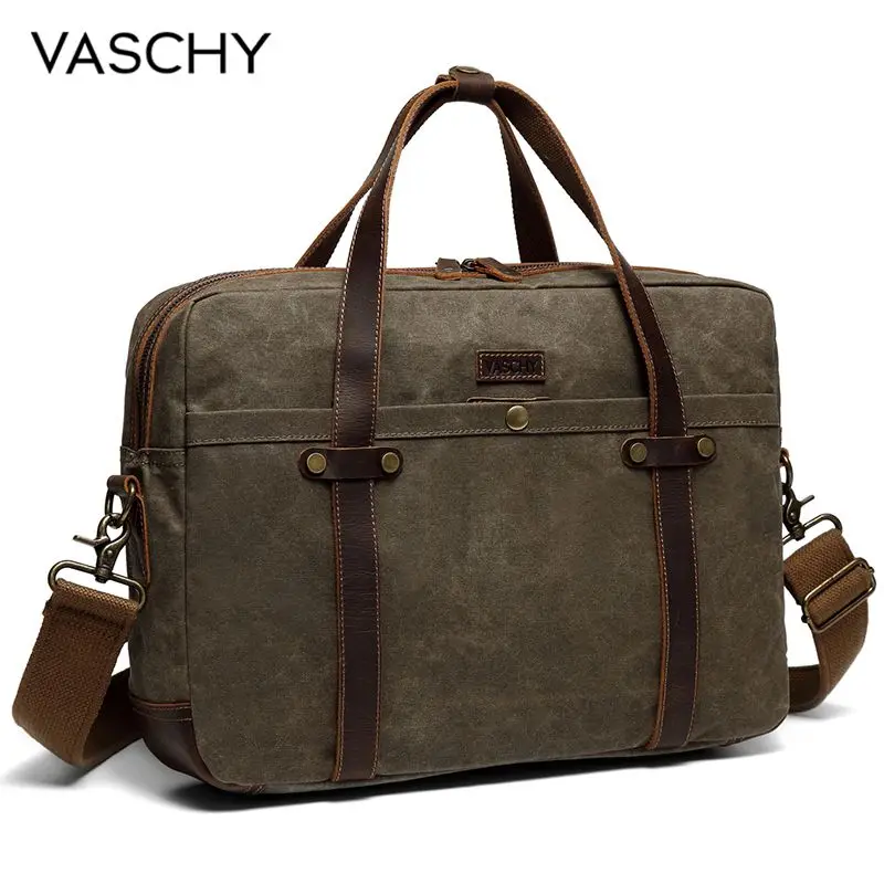 VASCHY мужской портфель, водостойкая Вощеная холщовая сумка-мессенджер, подходит для 15,6 дюймов, мужская сумка для ноутбука, винтажная кожаная сумка, портфель s