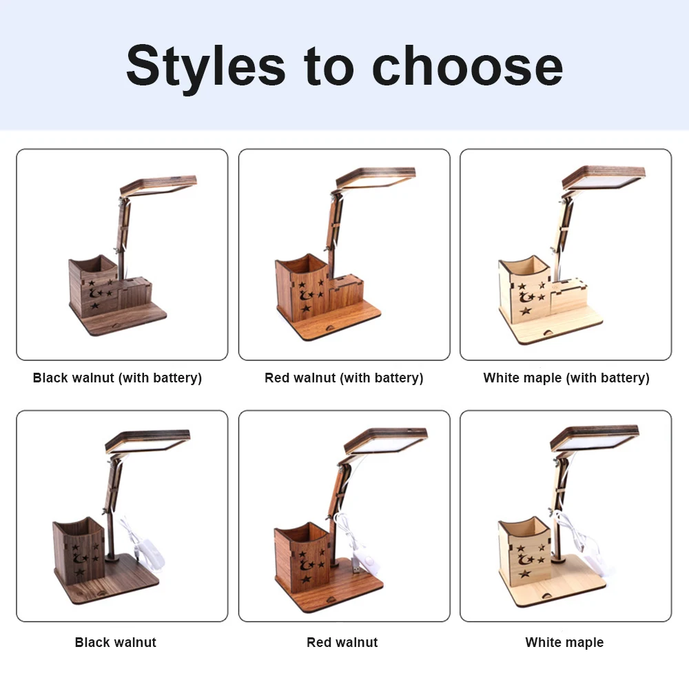 Rechargeable Wooden LED Desk Lamp with Brush Pot& Phone Holder Base Vintage Deco Dimmer Study Table Lamps for the Bedroom