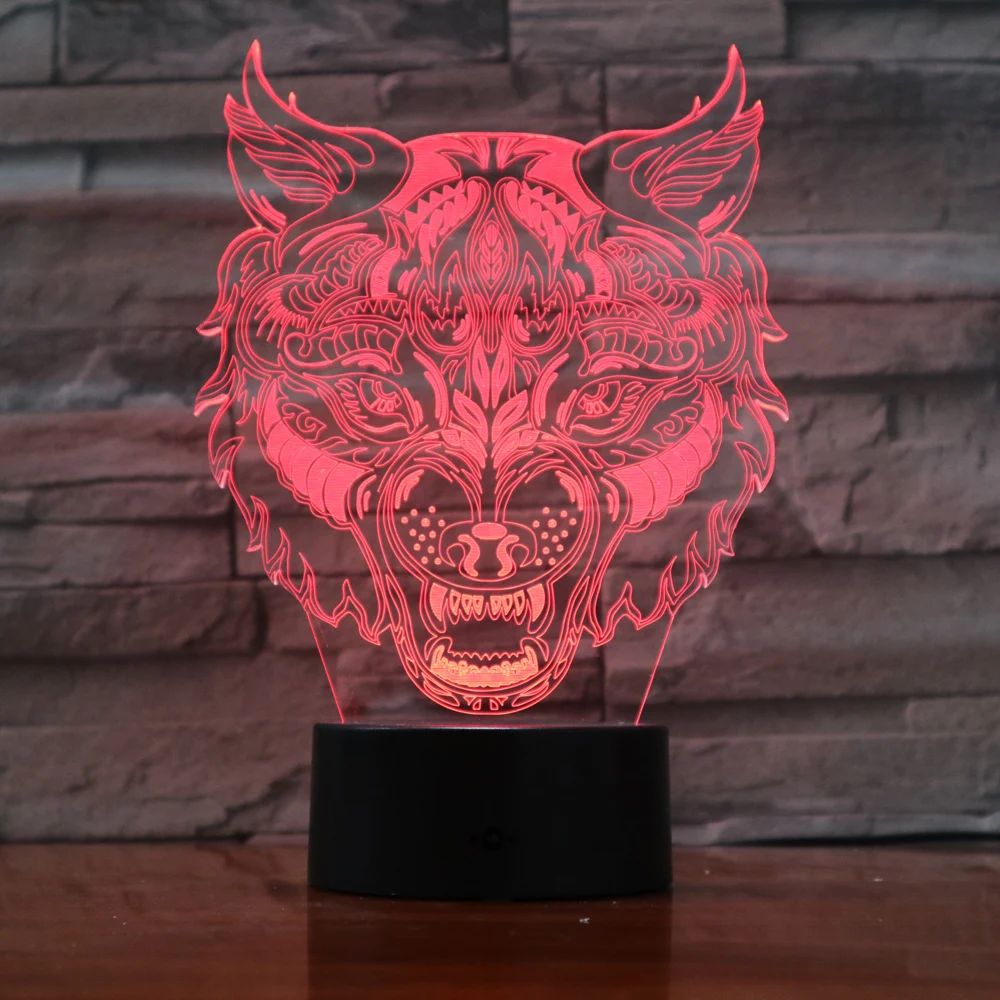 Креативный 3D светодиодный ночник фигурка головы волка 7 цветов настольная лампа